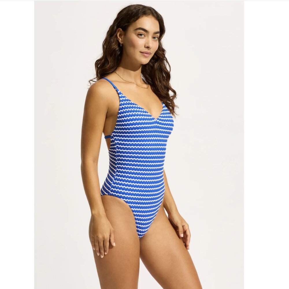 Seafolly Mesh Effect V Neck One Piece - Azure